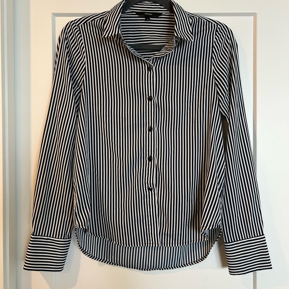 Navy and White Striped Button-Up Shirt